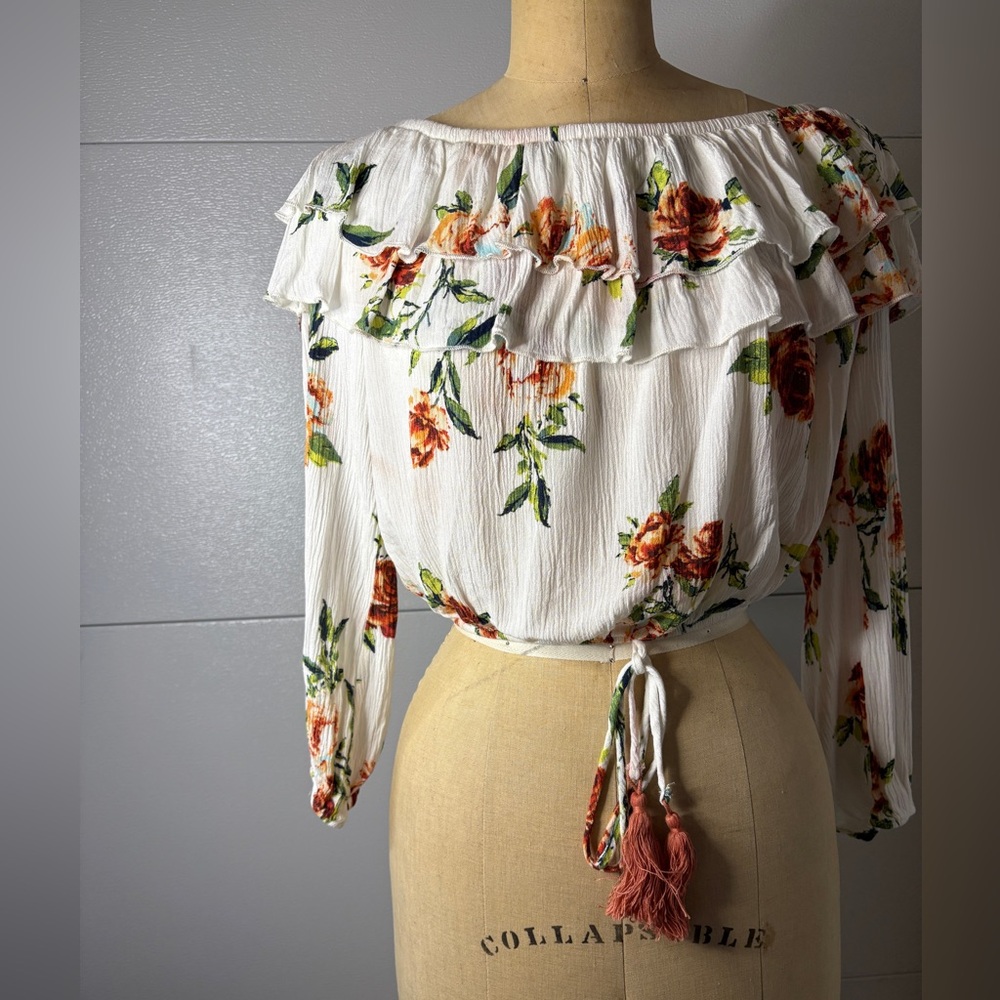 Altar'd State Floral Boho Long Sleeve Ruffle Blouse - White and Orange SZ M